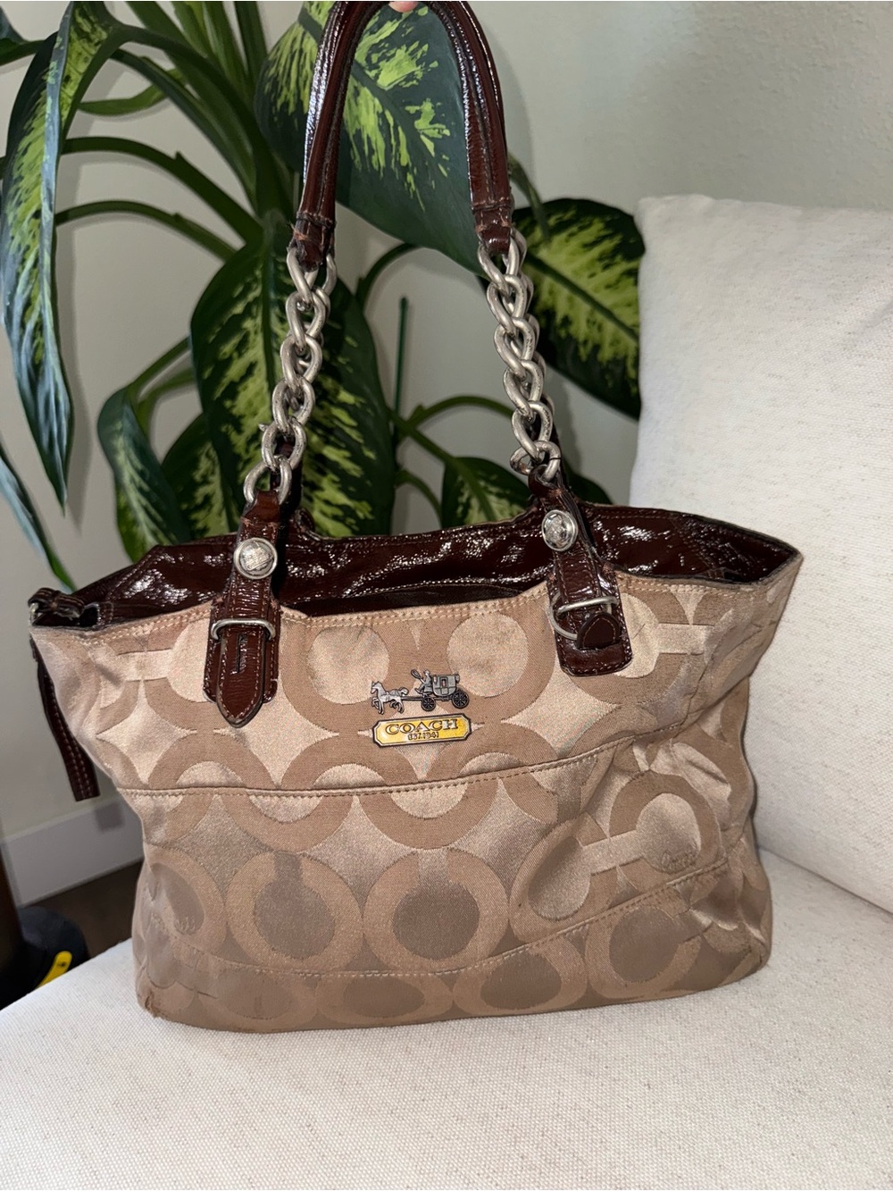 Vintage Coach Madison Tribeca Op Art Beige Brown Sateen Leather Tote Bag Purse